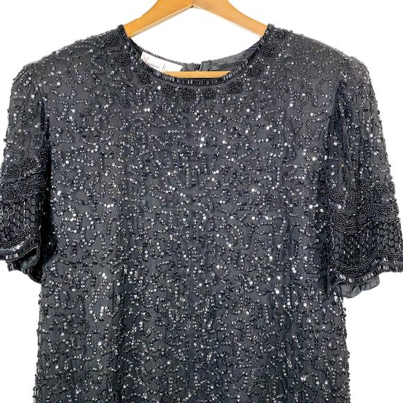 Vintage Lawrence Kazar Beaded Tiered Shift Dress Short Sleeve Heavy - L - Picture 1 of 4